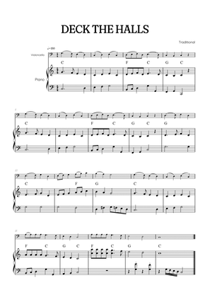 Deck the Halls for cello with piano accompaniment • easy Christmas song sheet music with chords