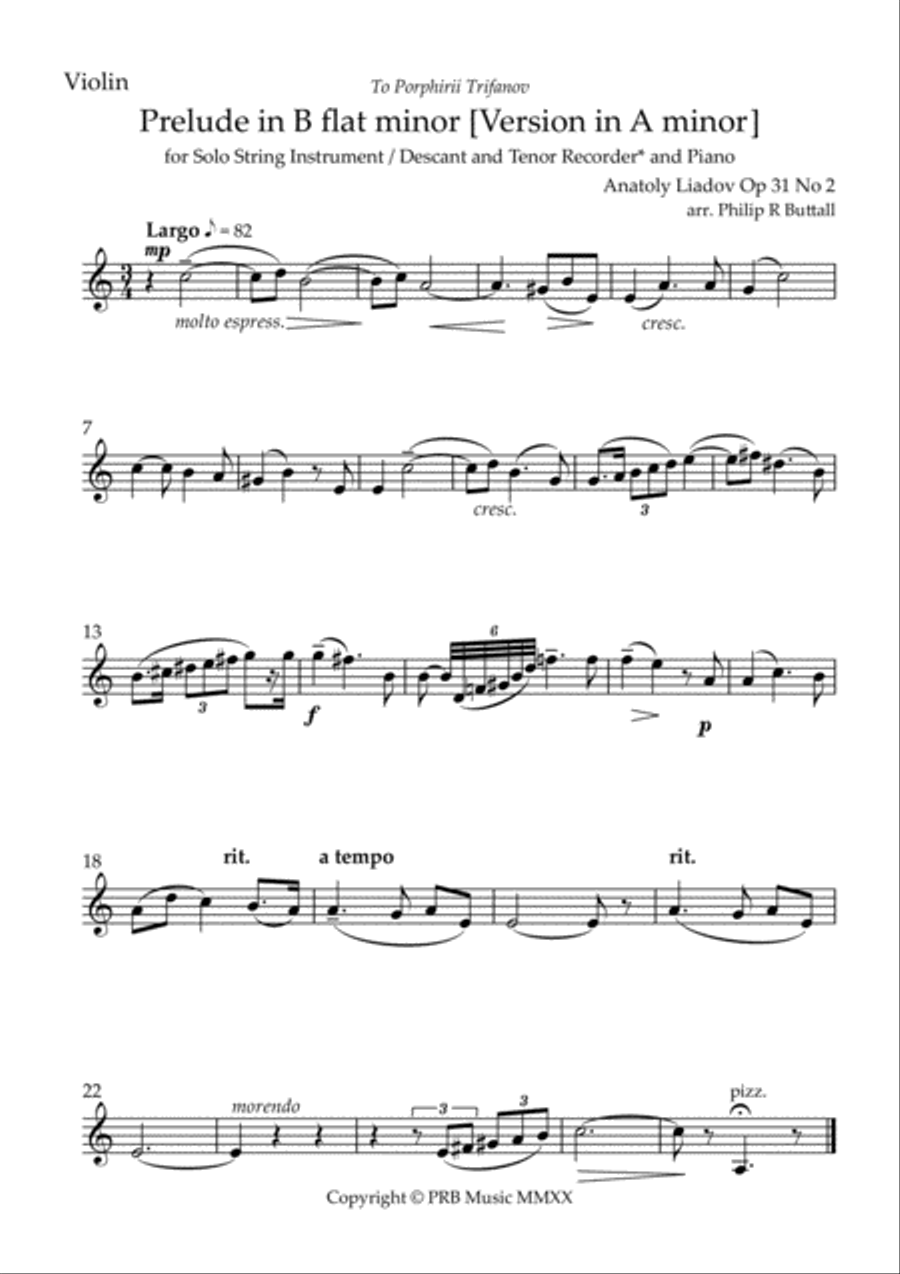 Prelude in A minor (Lyadov) - [Violin] Violin Solo scores gallery preview page 1