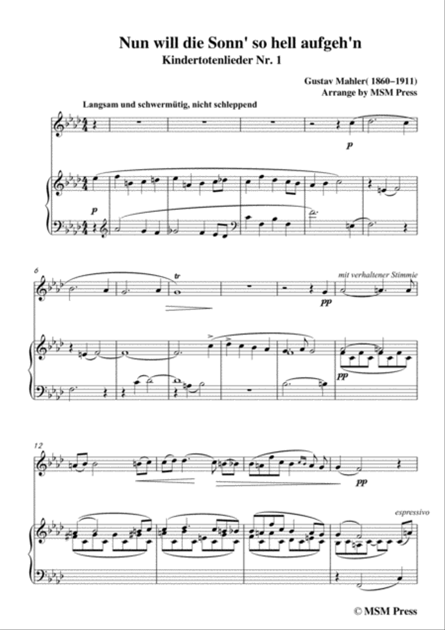 Mahler-Nun will die Sonn' so hell aufgeh'n(Kindertotenlieder Nr. 1) , for Flute and Piano Flute Solo scores gallery preview page 3