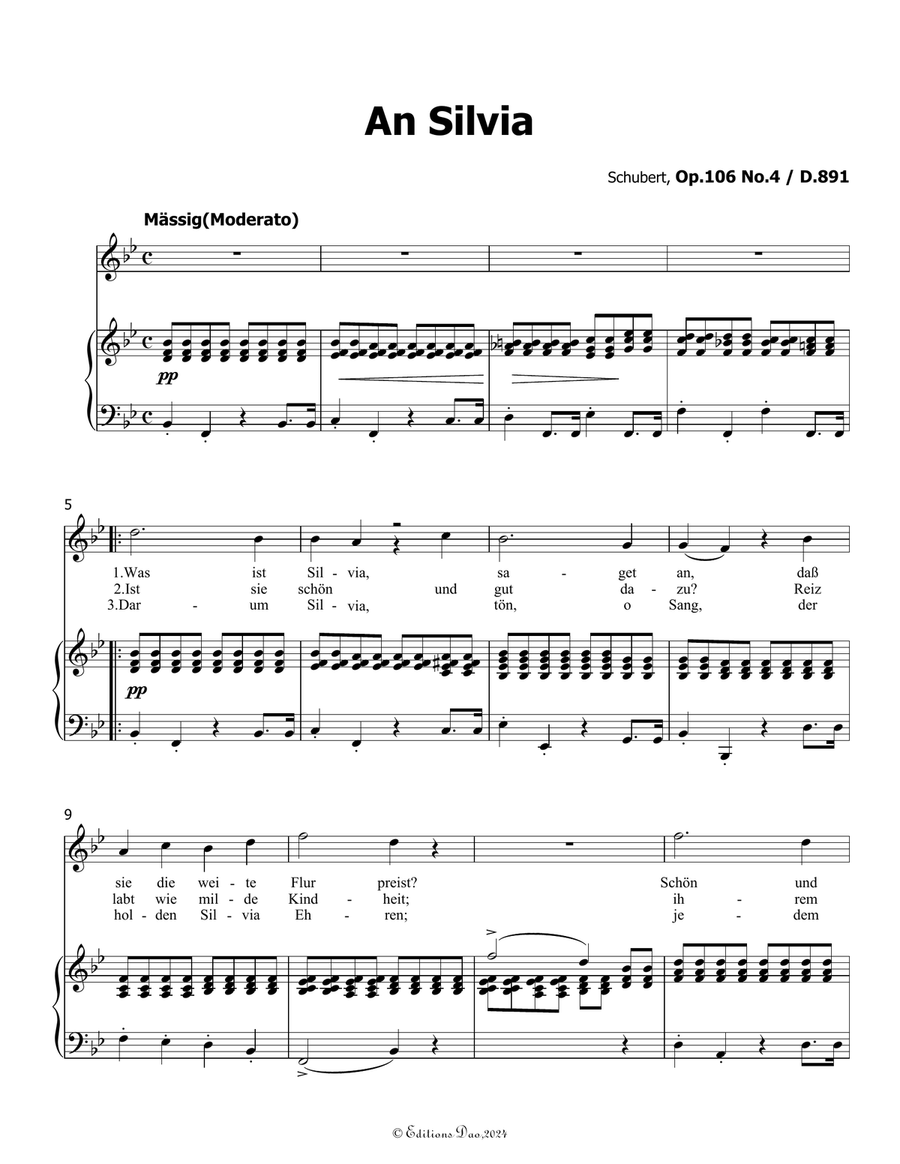 An Silvia, by Schubert, D.891, in B flat Major Voice scores gallery preview page 3