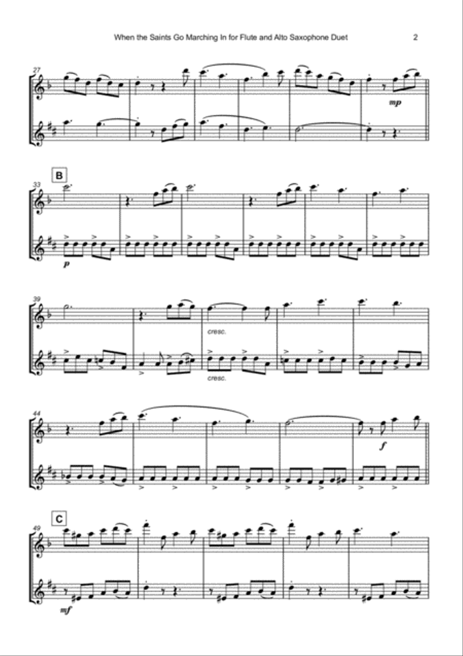 When the Saints Go Marching In, Gospel Song for Flute and Alto Saxophone Duet Woodwind Duet scores gallery preview page 3
