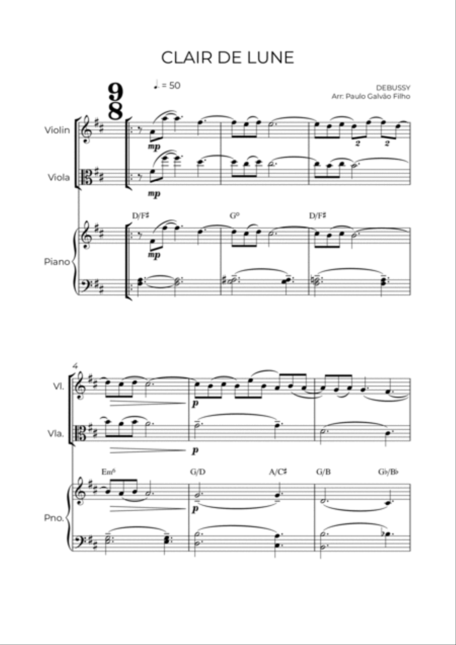 CLAIR DE LUNE - STRING PIANO TRIO (VIOLIN, VIOLA & PIANO) Viola scores gallery preview page 2