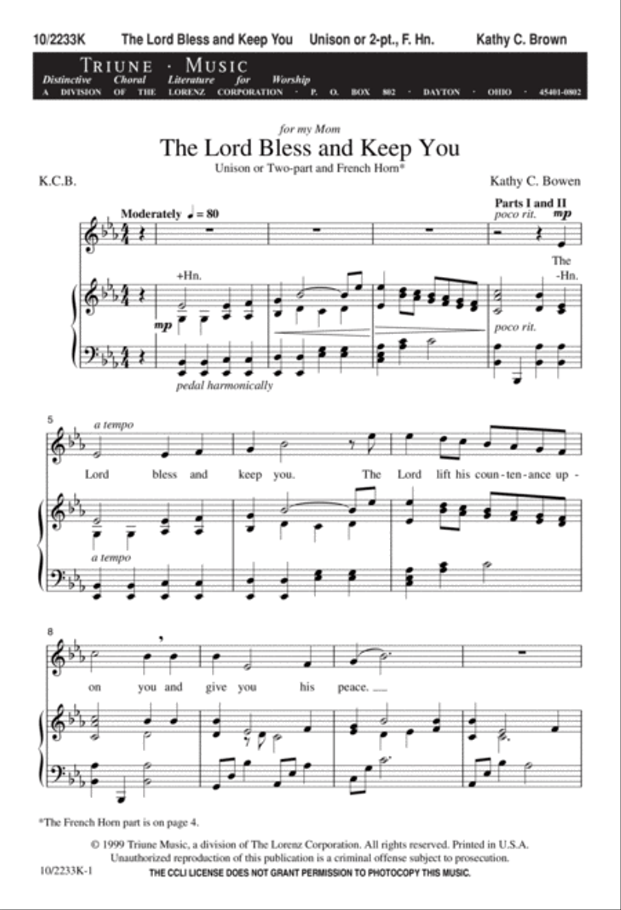 The Lord Bless and Keep You Unison Choir scores gallery preview page 1