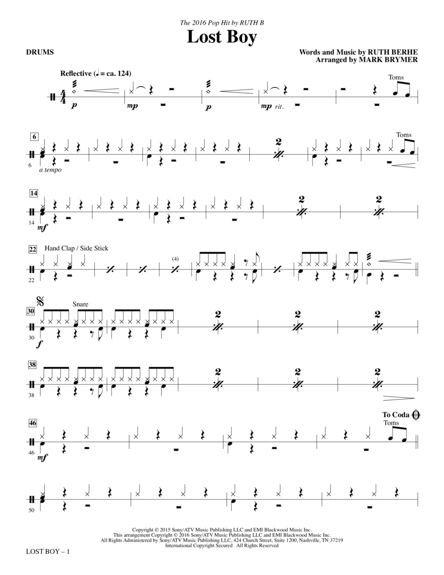 Lost Boy (arr. Mark Brymer) - Drums Choir scores gallery preview page 1