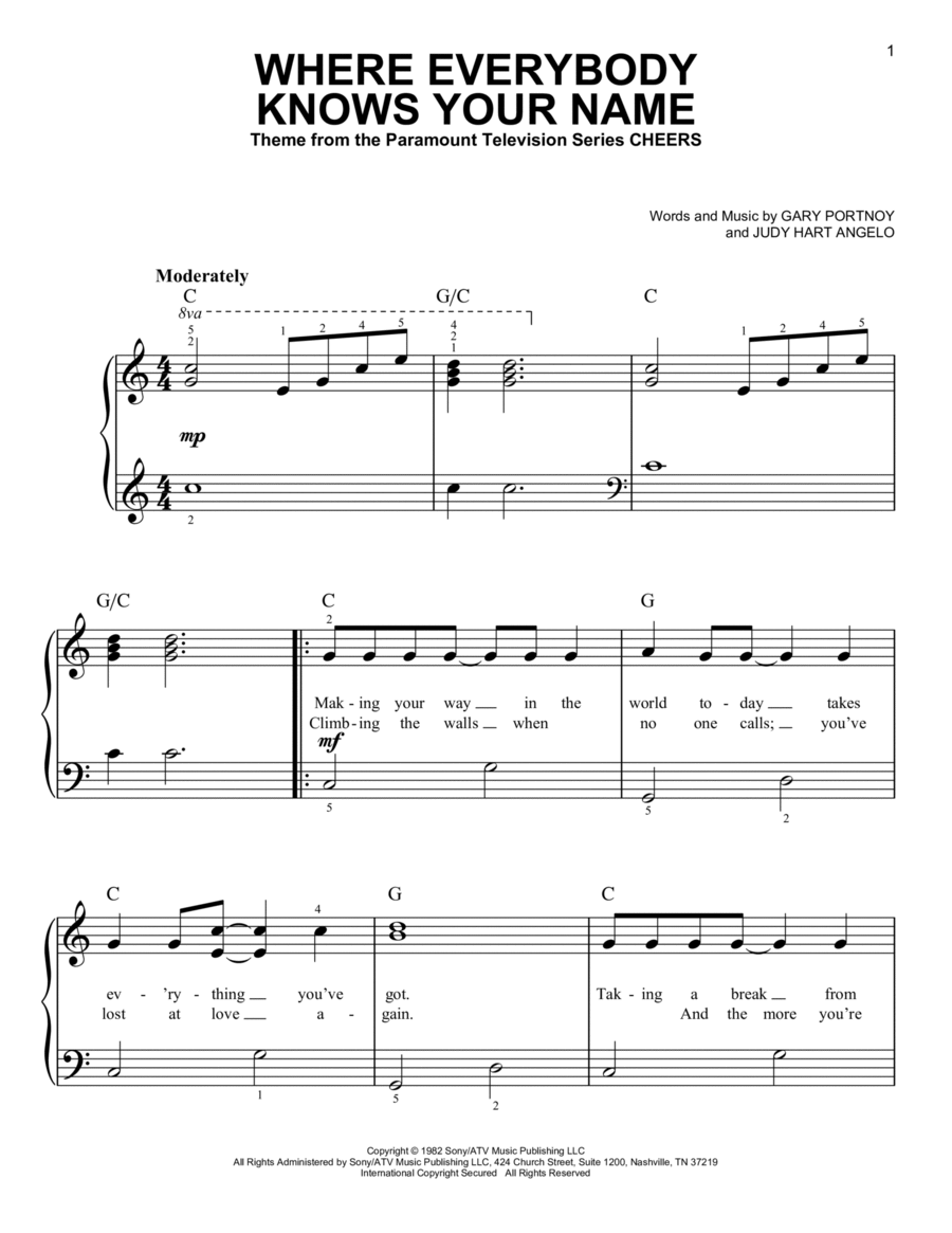 Where Everybody Knows Your Name (Theme from Cheers) Easy Piano scores gallery preview page 1