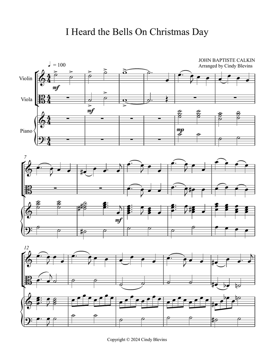 I Heard the Bells On Christmas Day, for Violin, Viola and Piano Violin scores gallery preview page 2