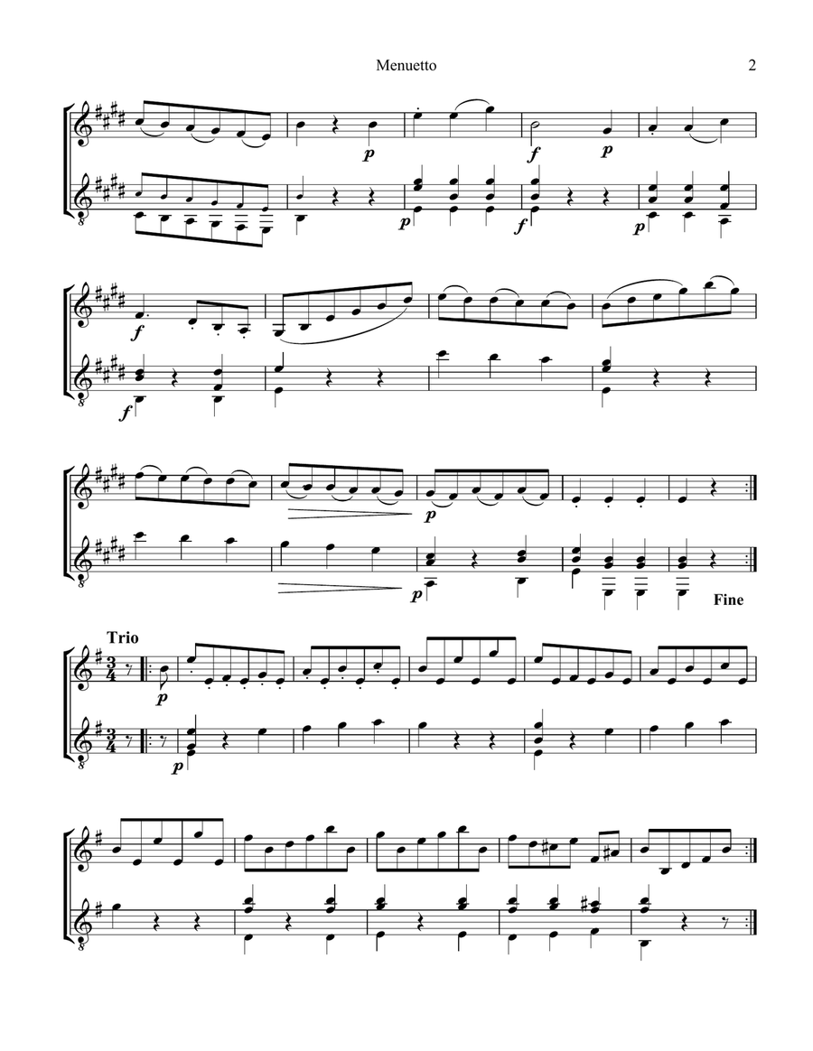 Menuetto from String Quartet Op. 8 for violin and guitar Violin scores gallery preview page 2