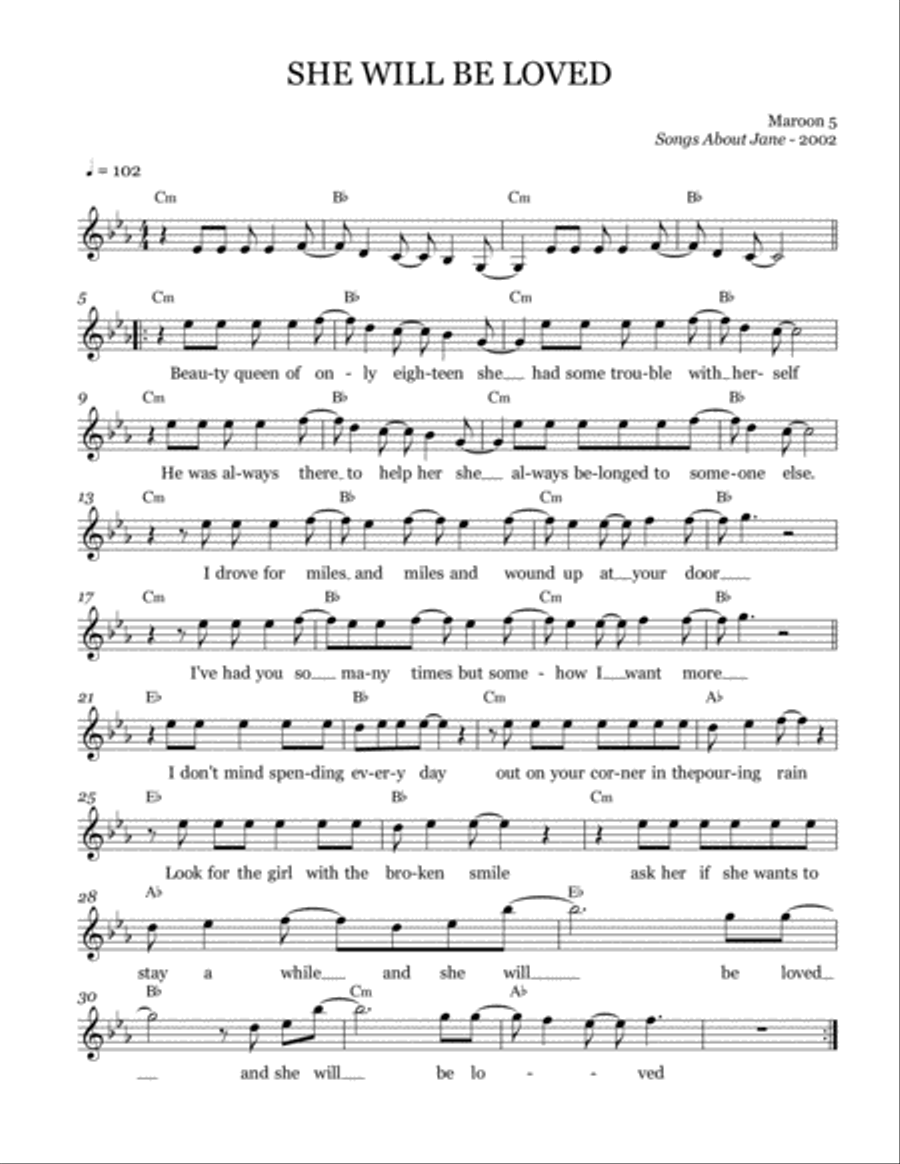 She Will Be Loved Voice scores gallery preview page 1