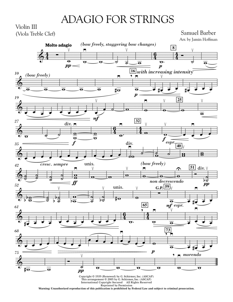Adagio For Strings - Violin 3 (Viola Treble Clef)