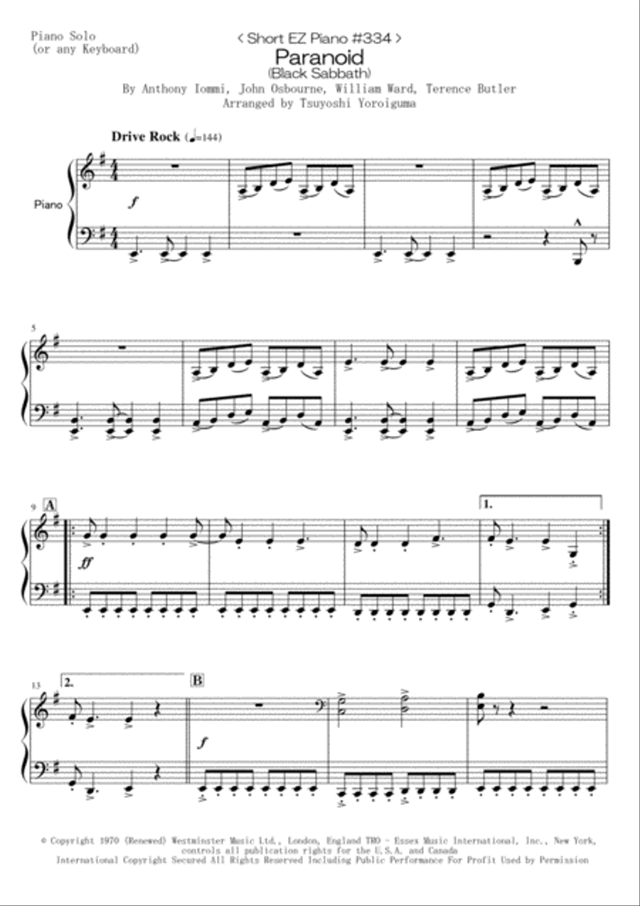 Paranoid Easy Piano scores gallery preview page 1