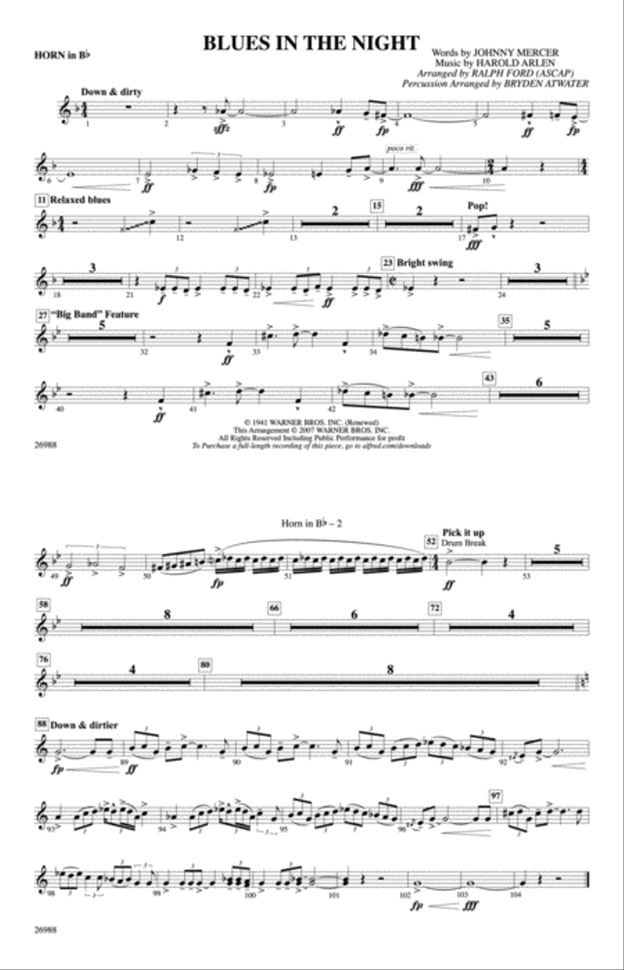Blues in the Night: Horn in B flat Marching Band scores gallery preview page 1
