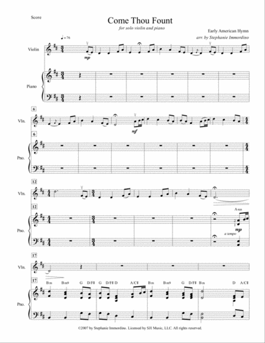 Come Thou Fount, for Solo Violin and Piano (feat. Stephanie Immordino) Violin Solo scores gallery preview page 2