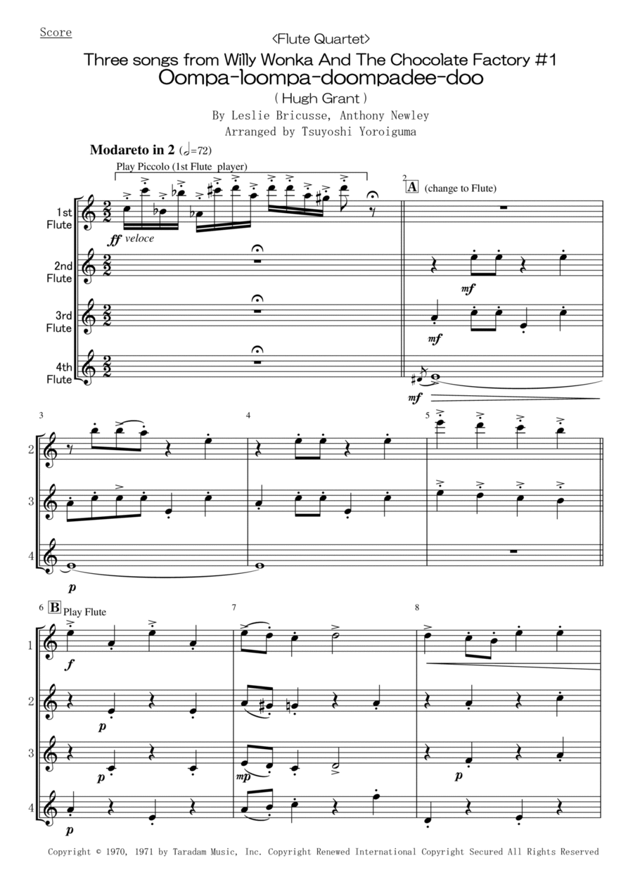 Oompa-loompa-doompadee-doo Flute Quartet scores gallery preview page 1