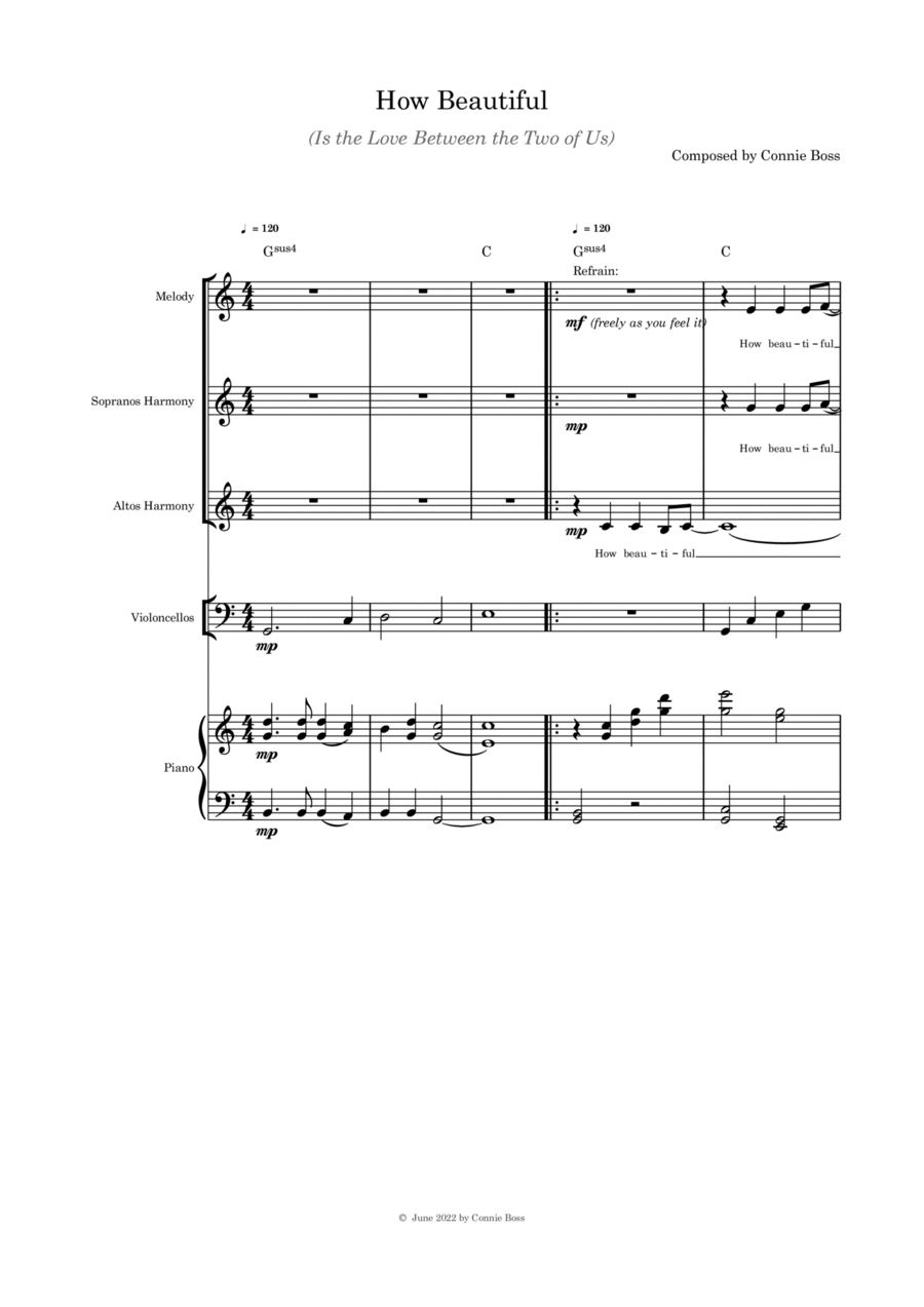 How Beautiful (Is the Love Between the Two of Us) - vocal trio, cello (with parts) and piano Piano, Vocal, Guitar scores gallery preview page 1