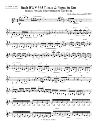 Book cover for Bach BWV 565 Tocata & Fugue in Dm Fantasy for Solo Unaccompanied Clarinet