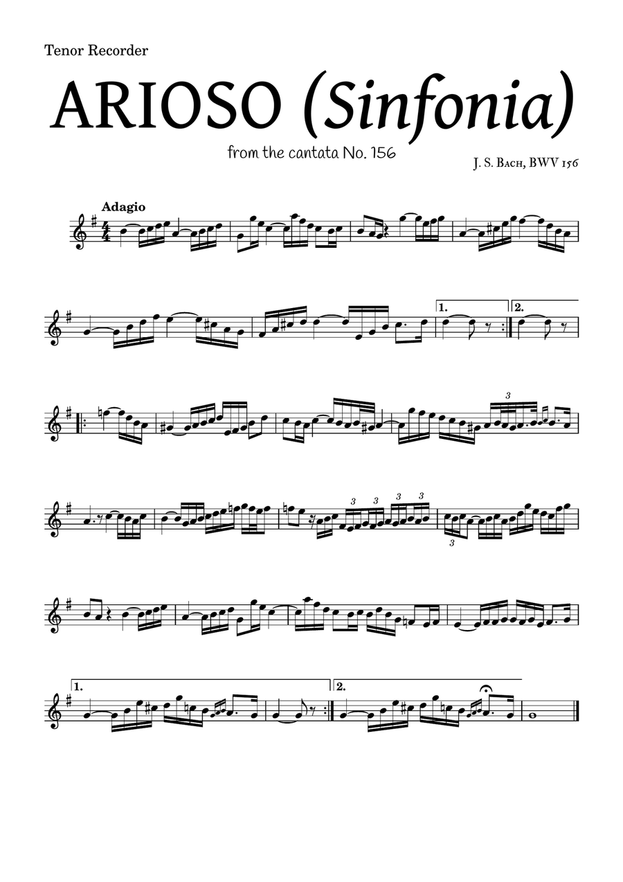 ARIOSO, by J. S. Bach (sinfonia) - for Tenor Recorder and accompaniment