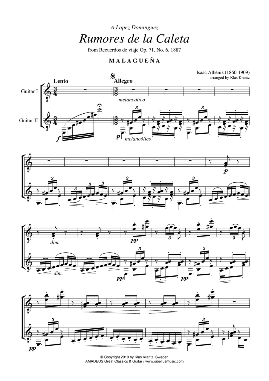 Rumores de la Caleta Op. 71 No. 6 for guitar duo Classical Guitar scores gallery preview page 1