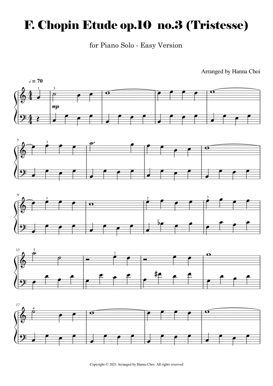 F. Chopin Etude op.10 no.3 (Tristesse) - for Piano Solo / Easy Level Piano Method scores gallery preview page 1
