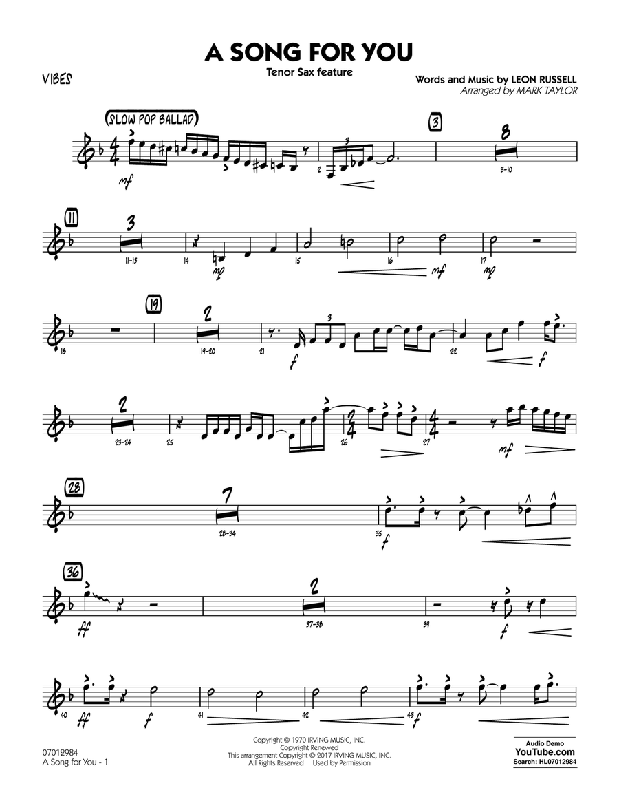 A Song for You (Tenor Sax Feature) - Vibes Jazz Ensemble scores gallery preview page 1