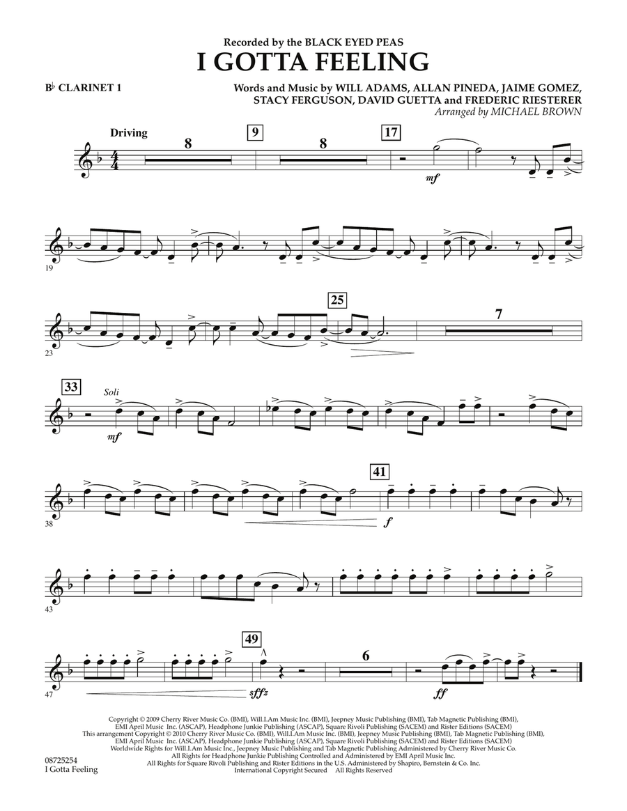 I Gotta Feeling - Bb Clarinet 1 Concert Band scores gallery preview page 1