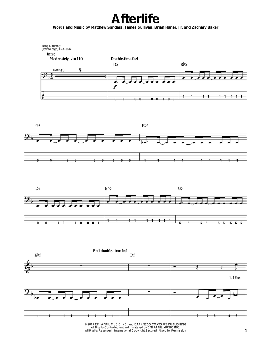 Afterlife Afterlife Bass Guitar Tablature scores gallery preview page 1