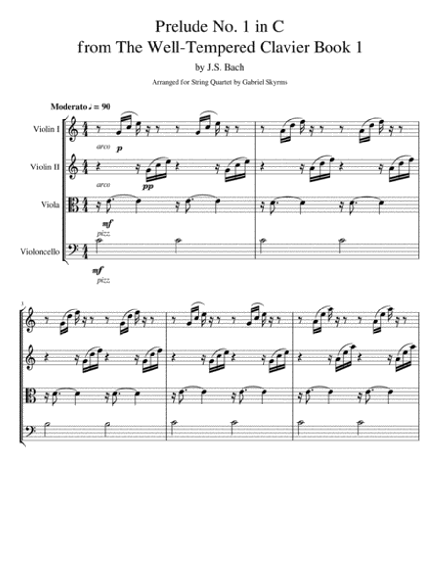 Bach C Major Prelude from Well-Tempered Clavier for String Quartet Bach C Major Prelude from Well-Tempered Clavier for String Quartet String Quartet scores gallery preview page 1