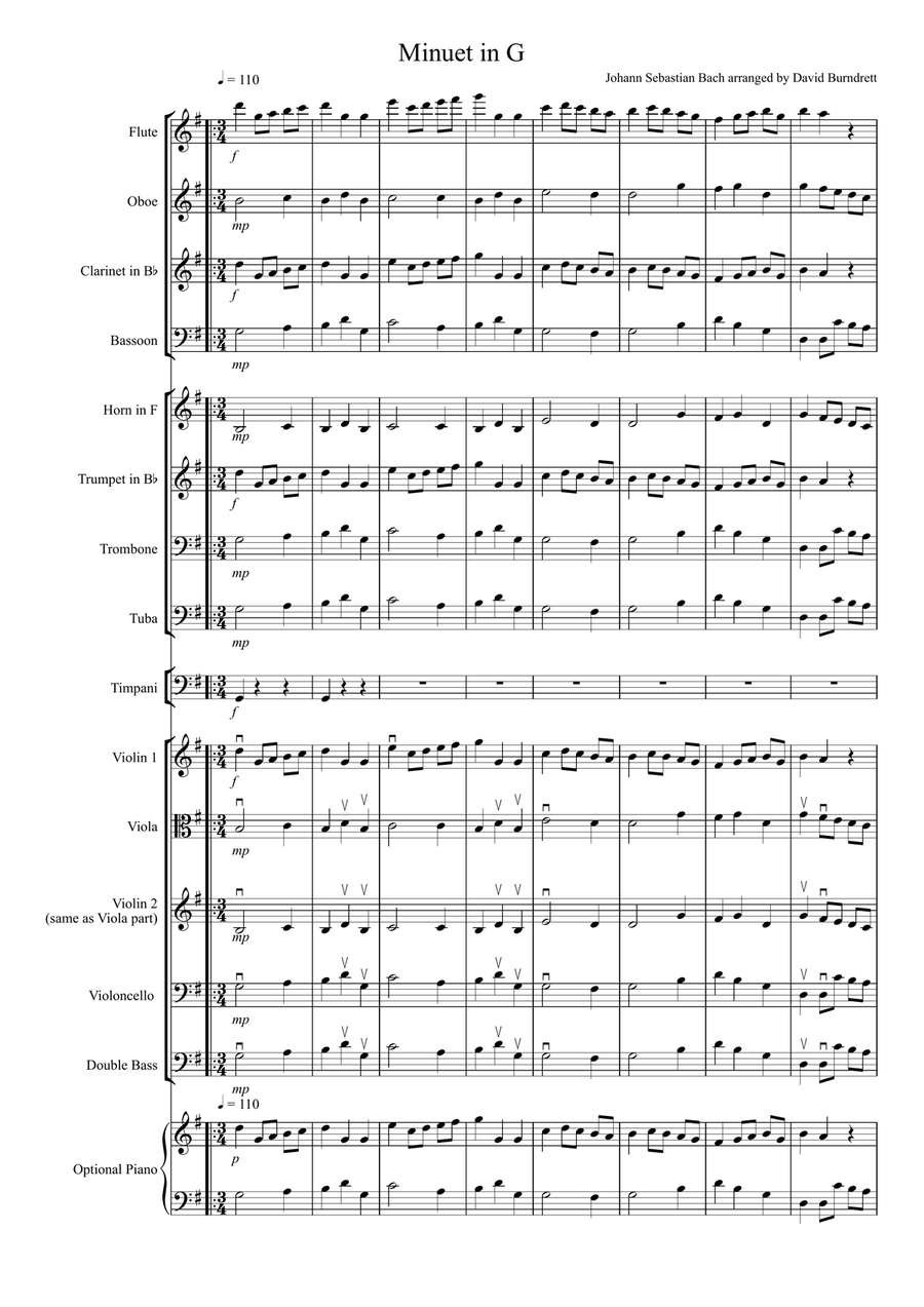 Minuet in G by Bach for School Orchestra Full Orchestra scores gallery preview page 1