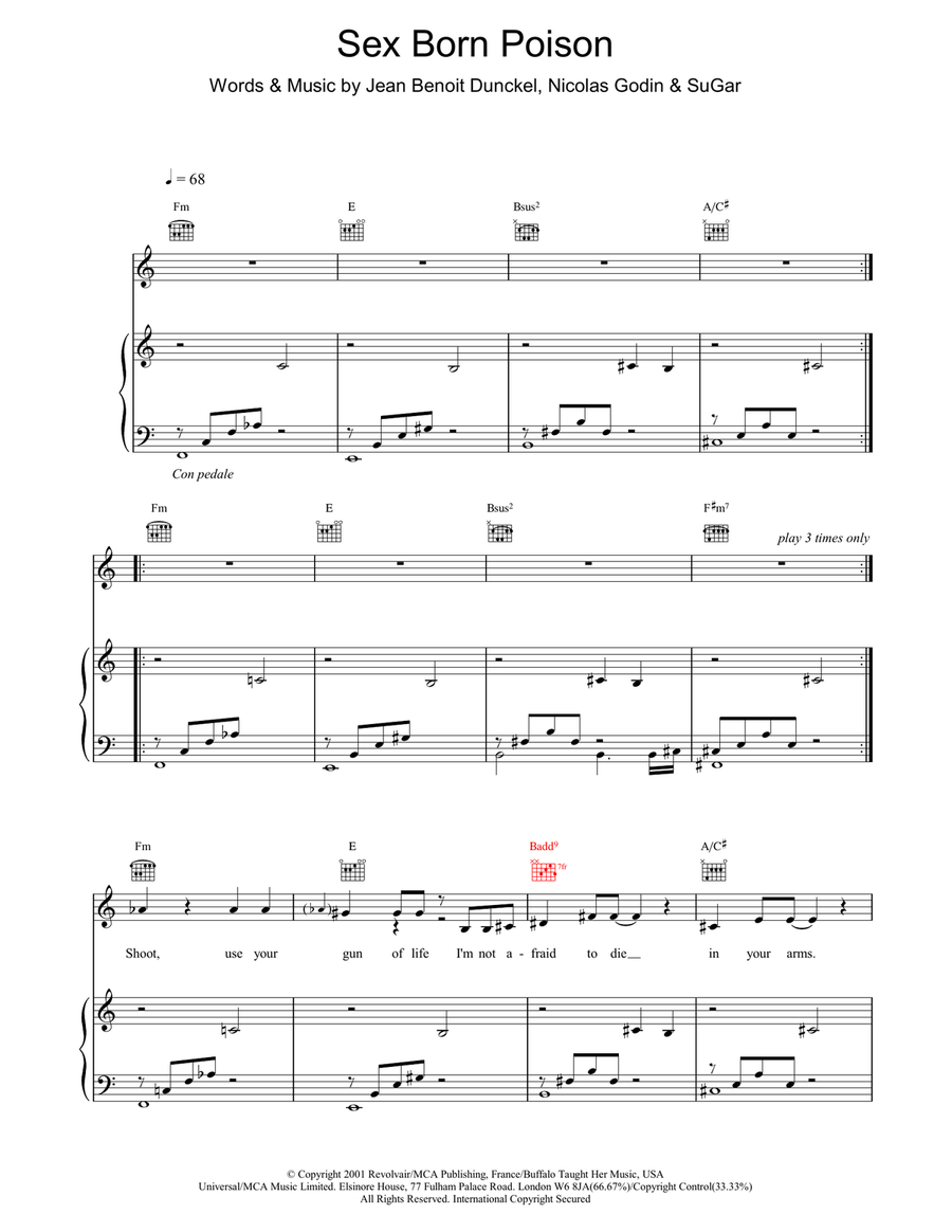 Sex Born Poison Piano, Vocal, Guitar scores gallery preview page 1
