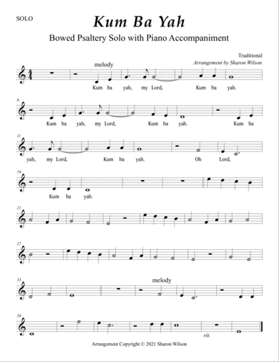 Kum Ba Yah (Easy Bowed Psaltery Solo with Piano Accompaniment) Zither scores gallery preview page 2