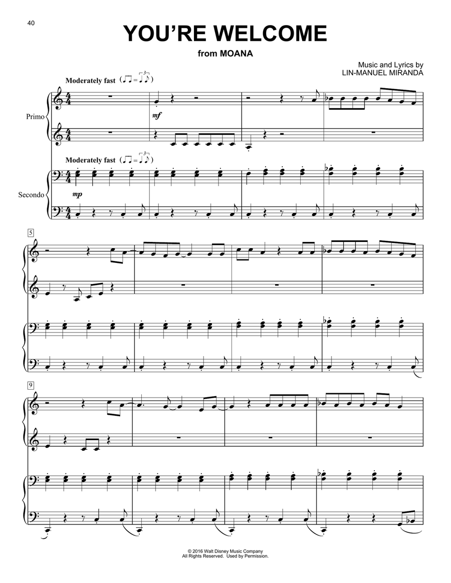 You're Welcome (from Moana) Piano Duet scores gallery preview page 1