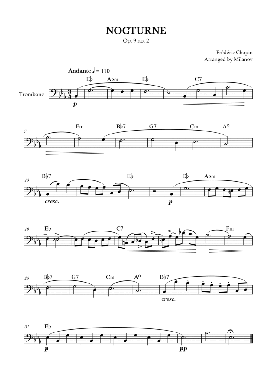 Chopin Nocturne op. 9 no. 2 | Trombone | E-flat Major | Chords | Easy beginner Trombone Solo scores gallery preview page 1