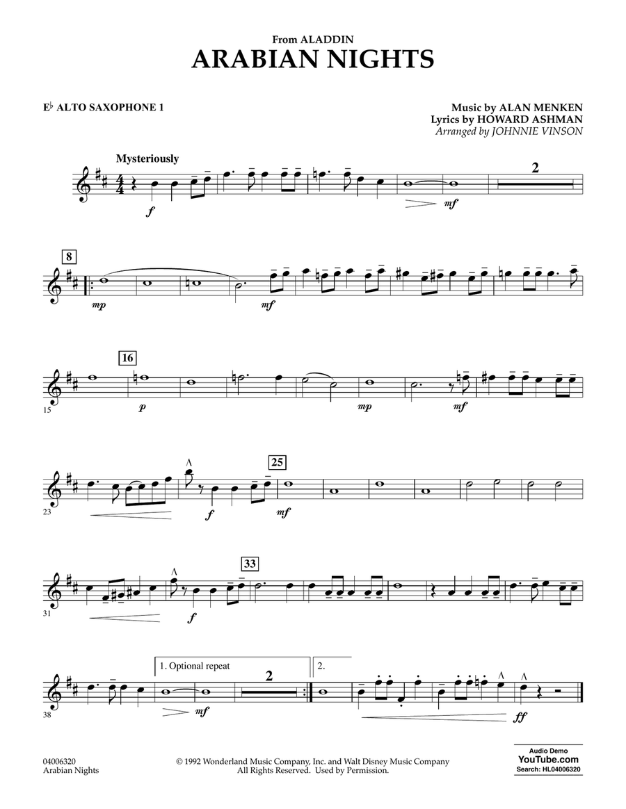 Arabian Nights (from Disney's Aladdin) (arr. Johnnie Vinson) - Eb Alto Saxophone 1 Concert Band scores gallery preview page 1