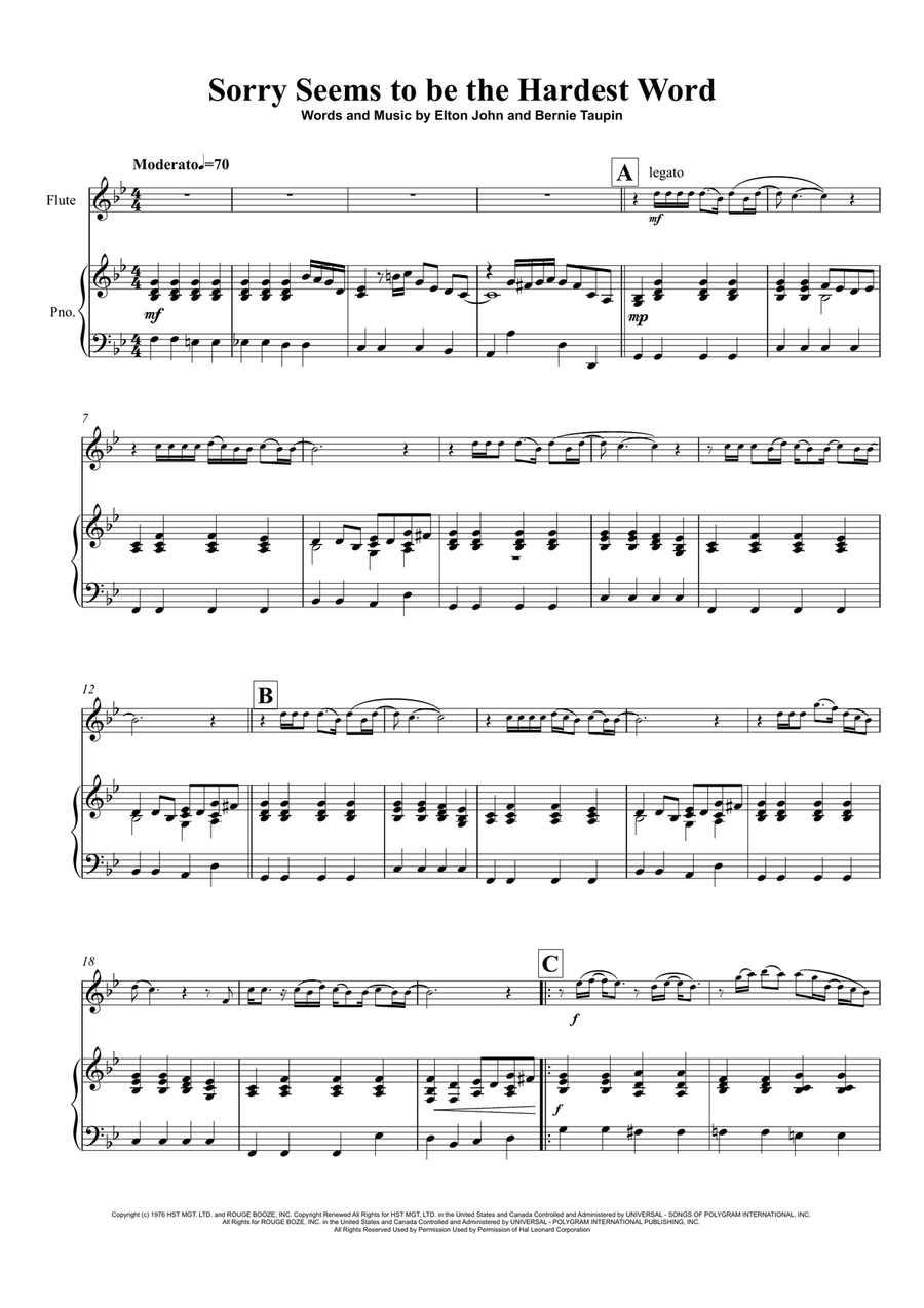 Sorry Seems To Be The Hardest Word Flute Solo scores gallery preview page 2