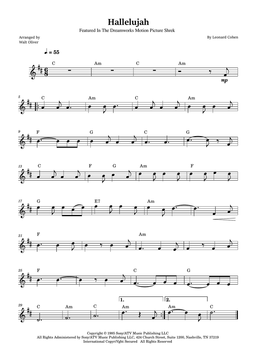 Hallelujah B-Flat Clarinet scores gallery preview page 1
