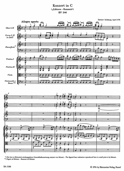 Concerto for Piano and Orchestra, No. 8 C major, KV 246 'Lutzow Concerto'