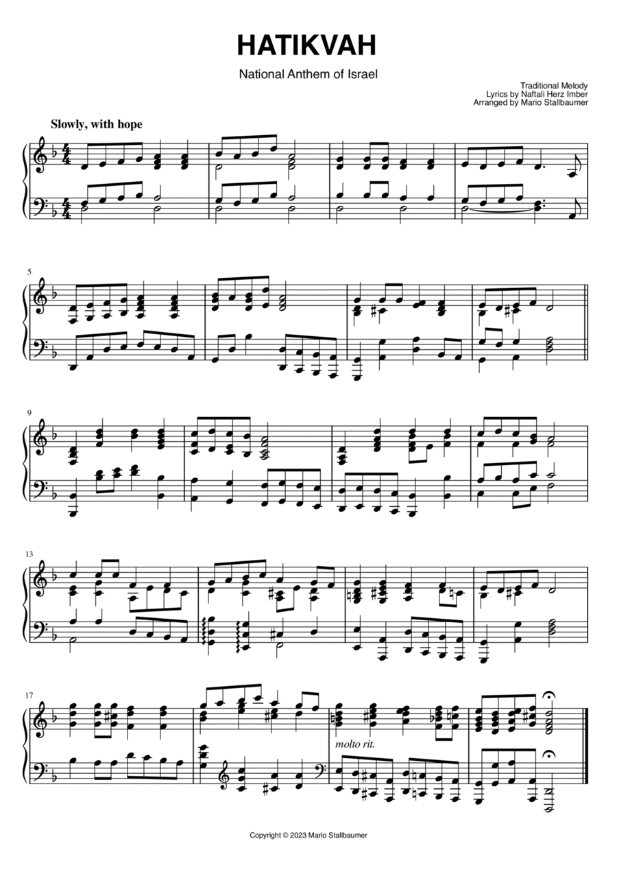 Hatikvah (התקווה) - National Anthem of Israel Piano Solo scores gallery preview page 1