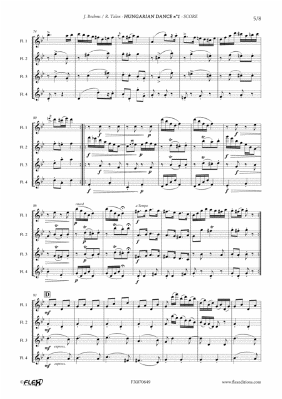 Hungarian Dance No. 1 Flute Quartet scores gallery preview page 5