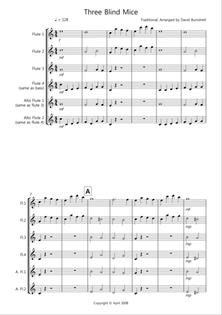 Three Blind Mice for Flute Quartet Flute Quartet scores gallery preview page 1