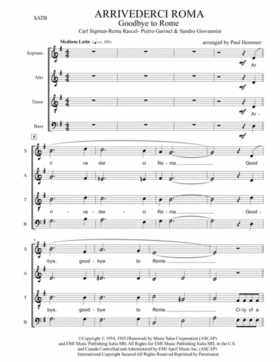 Arrivederci Roma (goodbye To Rome) SATB only