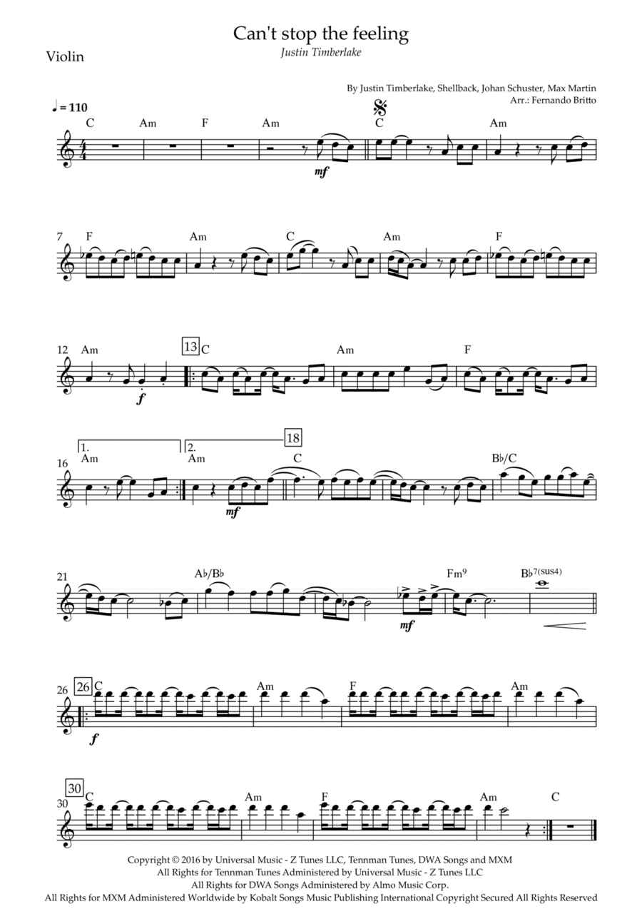Can't Stop The Feeling! Violin Solo scores gallery preview page 1
