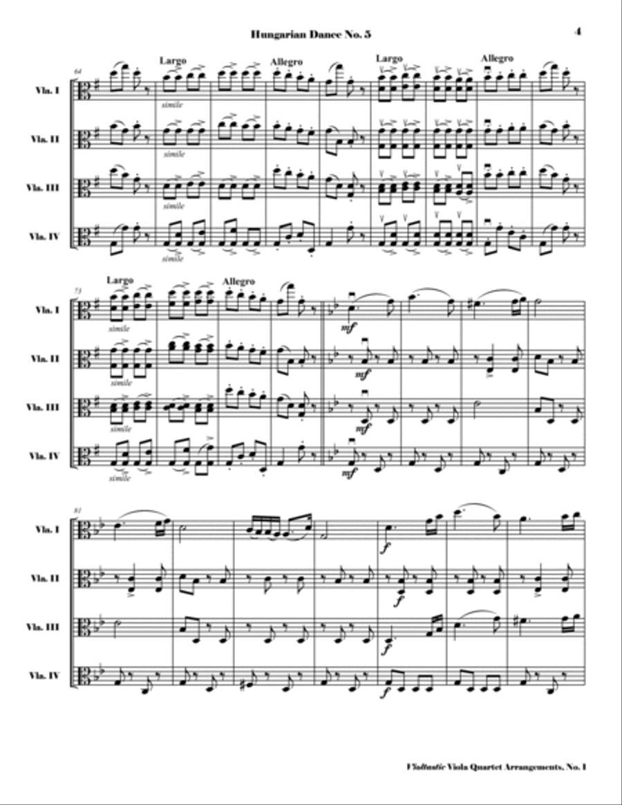 Hungarian Dance No. 5 - for Viola Quartet (Score and Parts) image number null