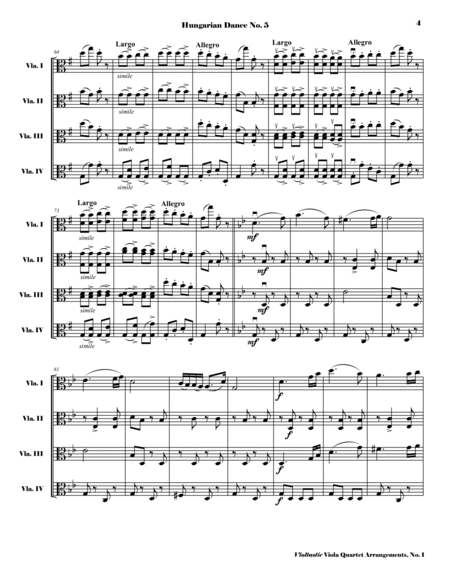 Hungarian Dance No. 5 - for Viola Quartet (Score and Parts) image number null