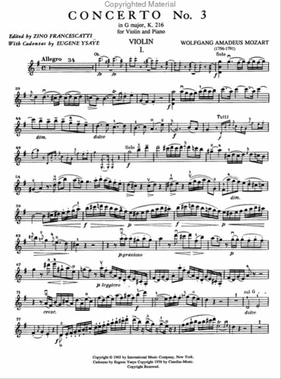 Concerto No. 3 in G major, K. 216 (with Cadenzas by Eugene Ysaye) Violin Solo scores gallery preview page 2