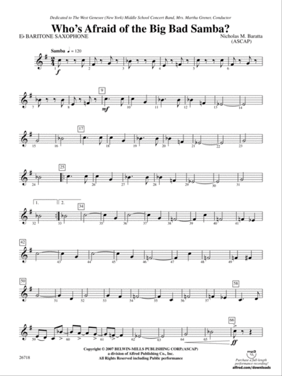 Who's Afraid of the Big Bad Samba?: E-flat Baritone Saxophone Concert Band scores gallery preview page 1