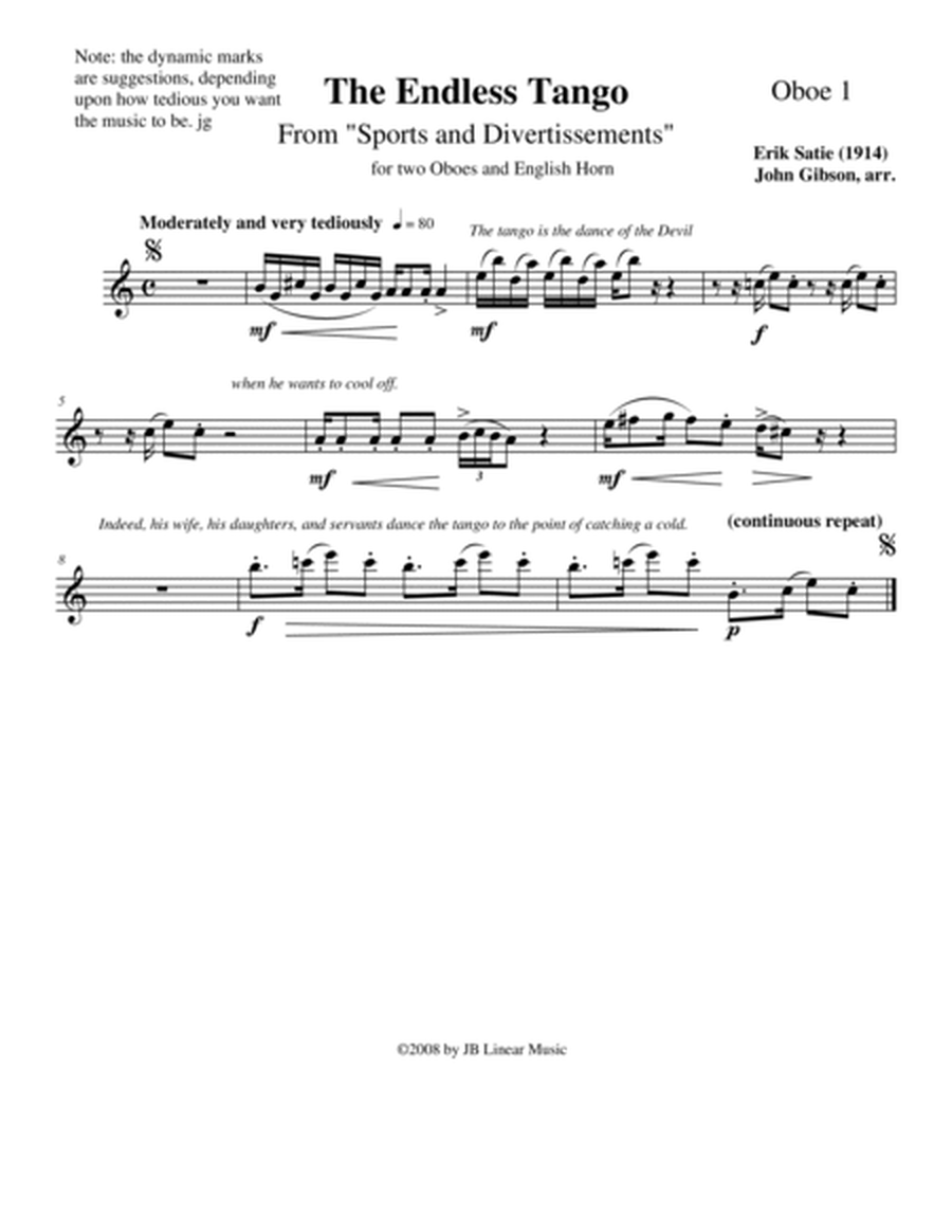 The Endless Tango by Erik Satie set for oboe trio