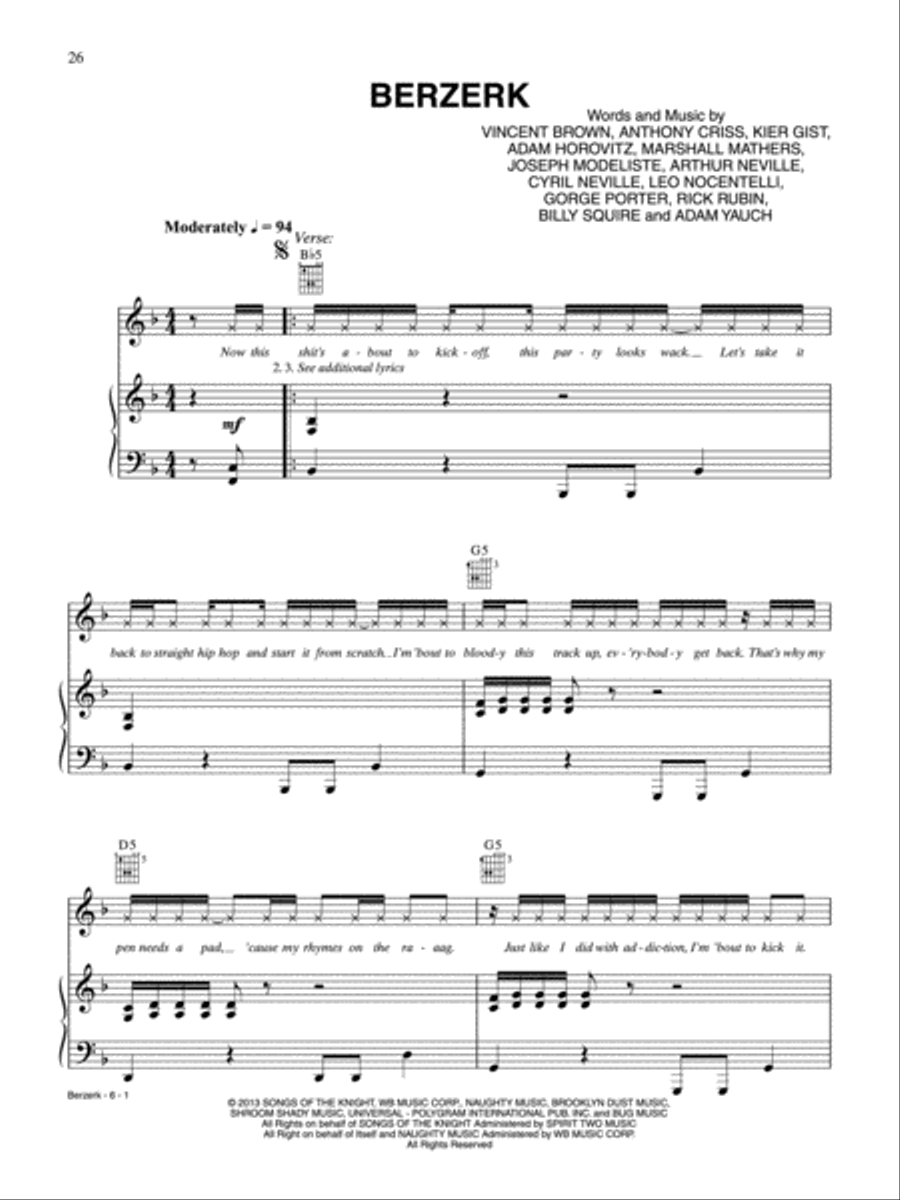 Berzerk Piano, Vocal, Guitar scores gallery preview page 1