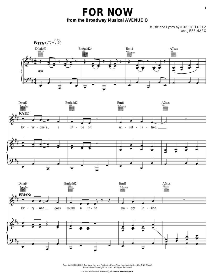 For Now (from Avenue Q) Piano, Vocal, Guitar scores gallery preview page 1