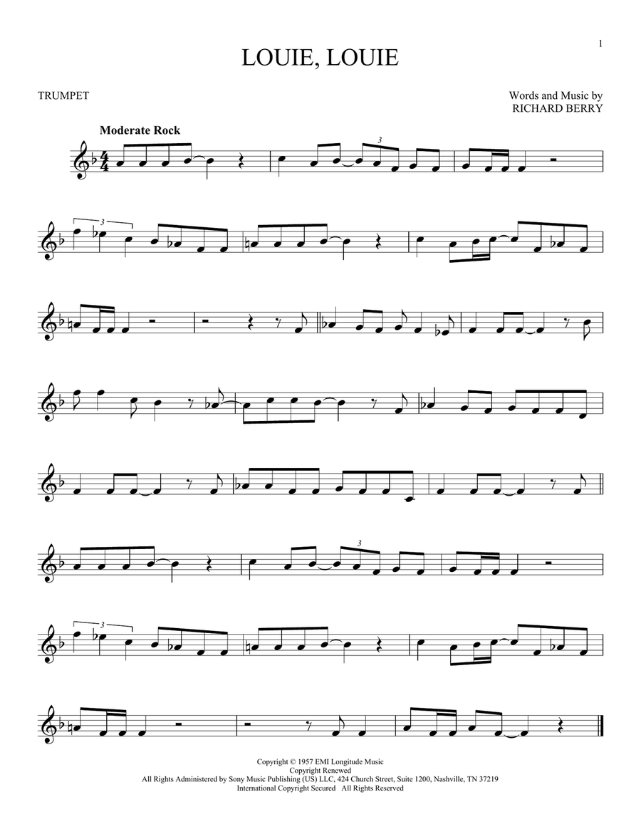Louie, Louie Trumpet Solo scores gallery preview page 1