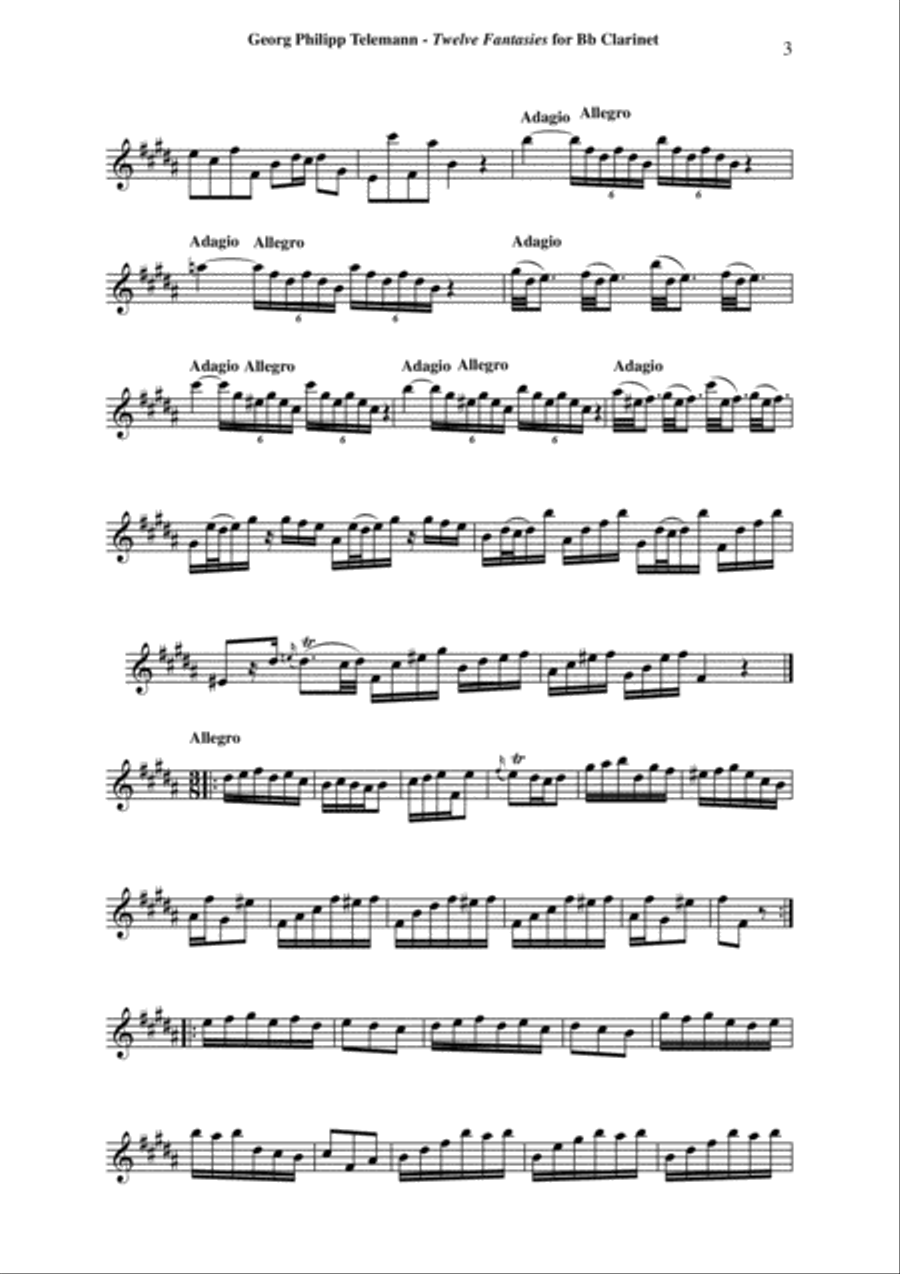 Georg Philipp Telemann: 12 Fantasias for Flute without Bass, TWV 40:2-13, arranged for Bb clarinet b B-Flat Clarinet scores gallery preview page 3