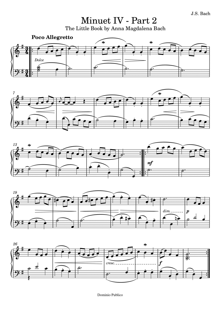 Minuet IV - Poco Allegretto - nº 2 By Johann Sebastian Bach - The Little Book by Anna Magdalena Bach Piano, Vocal, Guitar scores gallery preview page 1